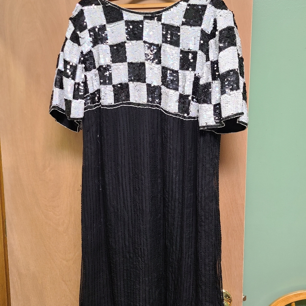 Checkered Beaded and Sequin Dress